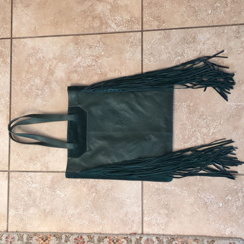 Vintage Large Green Leather & Suede Fringe Tote Bag by ASOS